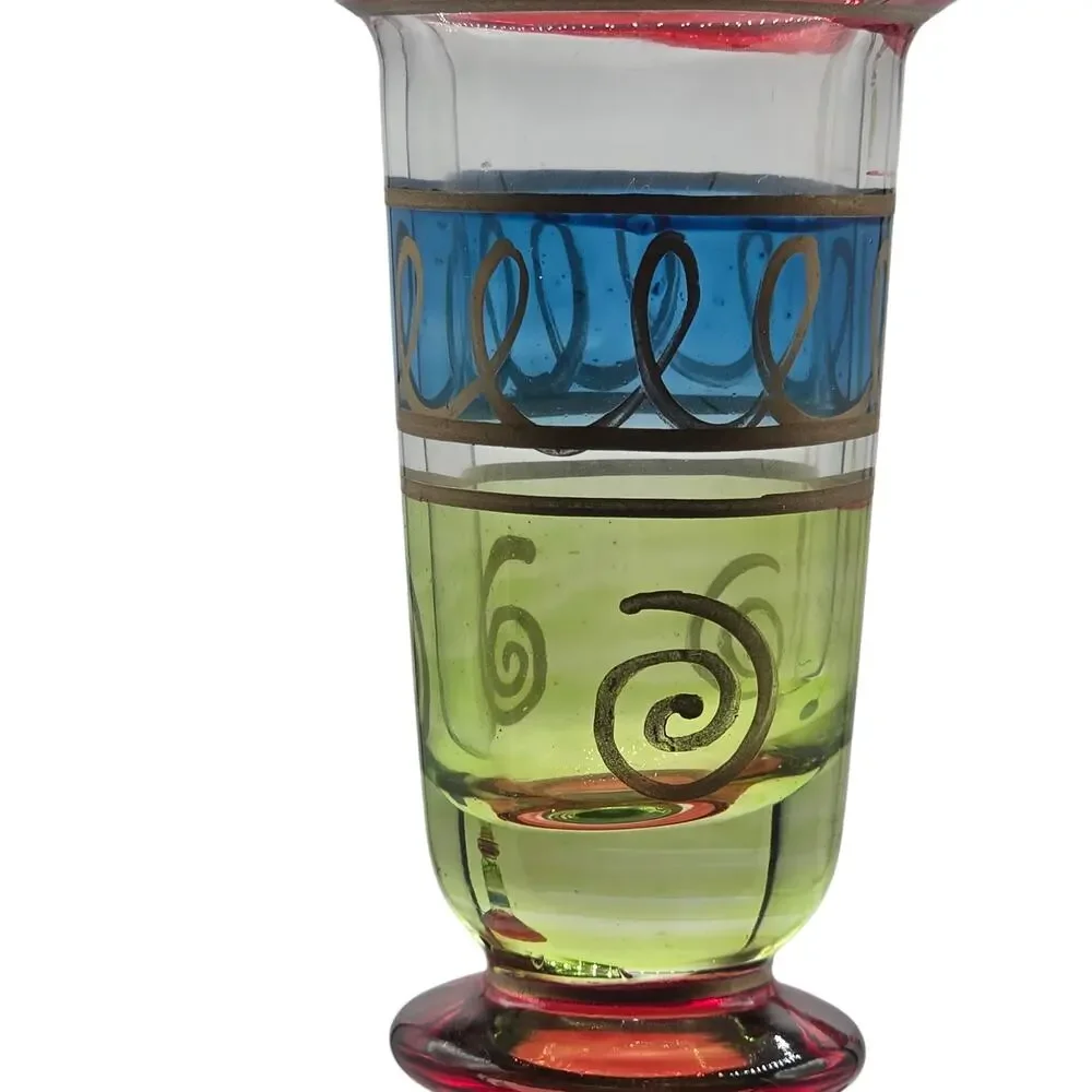 Pier 1 Imports Art Glass Candlestick Hand Painted Red Green Blue Gold Scroll VTG